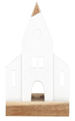 Weißes Lichtobjekt Kirche auf Holzsockel, moderne Dekoration für Wohnzimmer und Fensterbank.